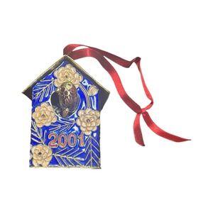 Dillards Trimmings Cloisonne 2001 Christmas 3D Blue Bird House Ornament Cardinal